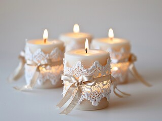 Elegant candles with lace and ribbons create a cozy atmosphere for a serene evening gathering in a softly lit room