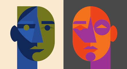 Abstract Geometric Portraits Depicting Duality and Contrast, Designed for Modern Art Prints, Editorial Illustrations, and Creative Design Projects, Exploring Human Emotion and Identity