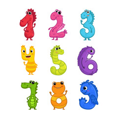 Naklejka premium big set of funny cartoon monster digits from 1 to 9 in flat style. Good for lettering or font design, headers, t-shirts, kids illustration. Vector illustration. 