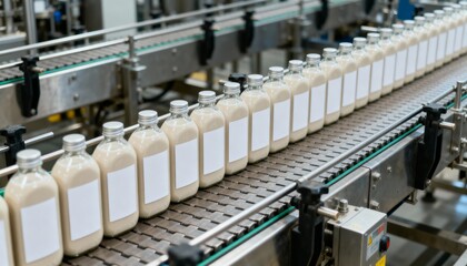 Bottles on Conveyor Belt in Manufacturing Plant: Automated Production Line for Dairy or Beverage Industry
