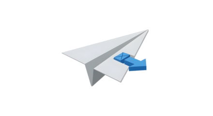 White Paper Airplane with Blue Arrow on White Background