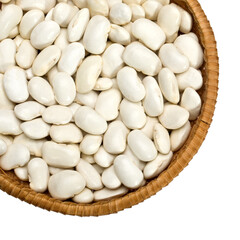 Wicker bowl overflowing with fresh white beans on transparent background