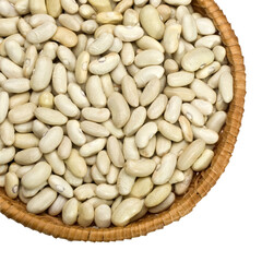 Wicker basket overflowing with fresh cannellini beans on transparent background