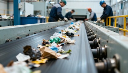 Obraz premium Waste sorting process at recycling plant featuring workers and conveyor belt for sustainable material management