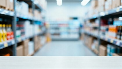 Blurred Supermarket Aisle Perspective with White Countertop for Product Placement and Mockup Display