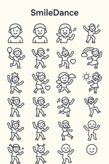 A collection of cheerful dancing character icons in a simple line art style, expressing joy and positive emotions