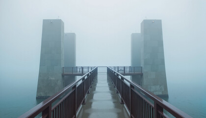 Fototapeta premium Foggy view of pedestrian bridge with concrete towers, concept of overcoming challenges