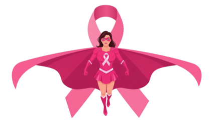 Superhero woman in pink costume flying with breast cancer awareness ribbon. Concept of strength, hope, and fighting cancer.