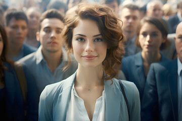 Fototapeta premium Group of professionals in formal attire gathered in a hallway with a focused young woman at the forefront during a business meeting