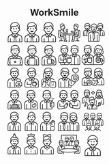 Professional business icon set featuring diverse office workers, teamwork collaboration, and positive employee engagement concepts