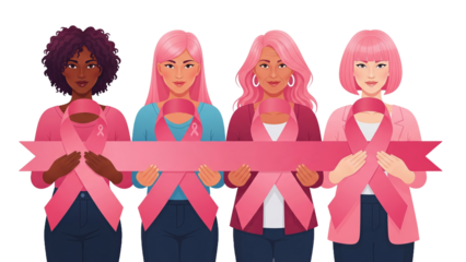 Group of four diverse women holding a large pink ribbon for breast cancer awareness. Concept of unity and multiethnic support.
