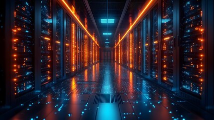 Futuristic data center corridor with glowing server racks and digital circuit patterns on the floor