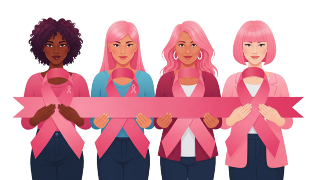 Group of four diverse women holding a large pink ribbon for breast cancer awareness. Concept of unity and multiethnic support.