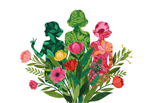 Three women silhouettes with floral and leaf patterns emerging from a flower bouquet. Concept of femininity, nature, and growth. - Powered by Adobe