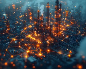 Industrial complex glows at night connected by an orange digital network