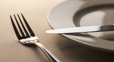  A close-up of a fork and knife next to a plate