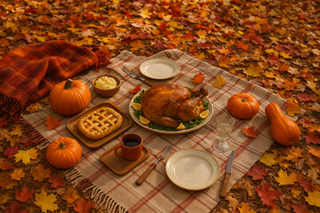 Thanksgiving Feast Autumn Picnic with Roasted Turkey Pumpkins and Fall Leaves