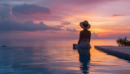 Luxury Spa Travel. Relaxing woman at the edge of swimming pool. Female is watching beautiful view of sunset. She is enjoying her vacation at resort by sea