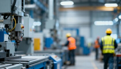 Obraz premium Manufacturing Plant Interior with Workers and Machinery, Illustrating Industrial Production and Engineering Processes