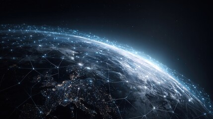 Obraz premium Global Network Visualization: Digital Connectivity Across the Earth, Illustrating Modern Communication Infrastructure and Technological Advancement