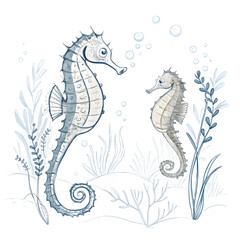 Fototapeta premium Two whimsical seahorses in a dark underwater scene with seaweed and bubbles