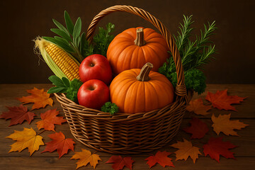 Autumn Harvest Pumpkins Apples Corn in Rustic Basket