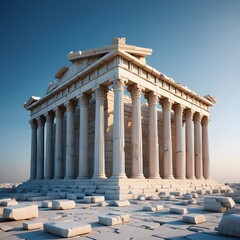 Fototapeta premium Ancient greek temple ruins with majestic columns against a clear blue sky background