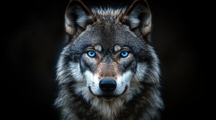 Obraz premium Stunning portrait of a wolf with mesmerizing blue eyes set against a black background.