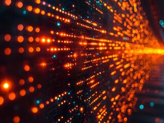 Abstract pattern of glowing orange and teal digital dots flowing in a network symbolizing data transmission