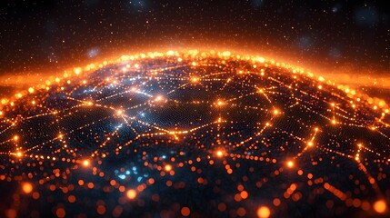 Abstract digital network sphere with glowing orange and blue lights connecting points symbolizing global connectivity