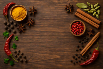 Vibrant Spices Aromatic Culinary Ingredients on Rustic Wood