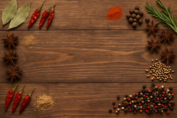 spices and herbs on wooden background with copy space, 