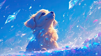 A fluffy dog gazes upward amidst a vibrant, bubble-filled, dreamlike environment.