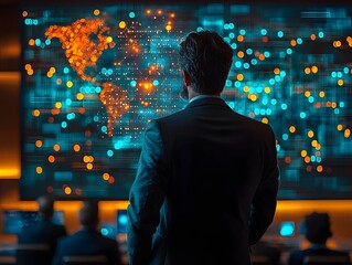 A man in a suit observes a glowing digital map of global networks on a large screen in a modern control room