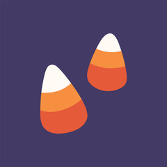 Candy corn isolated on a purple background. Hand-drawn vector illustration in flat style. Perfect for decorations, logo and Halloween designs.