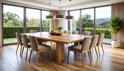 Fototapeta premium Sleek extendable dining table with collapsible chairs tucked seamlessly inside, crafted in smooth wood finish.