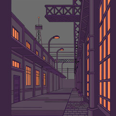 Cartoon industrial street shows buildings with orange windows under a grey sky