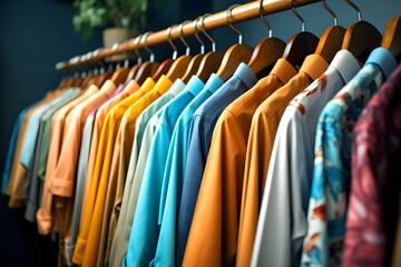 Obraz premium Colorful shirts hung neatly on a rack in a stylish clothing store during a sunny afternoon