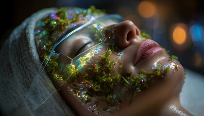 A futuristic spa offers treatments using holographic masks derived from enchanted herbs, blending health food benefits with advanced skincare