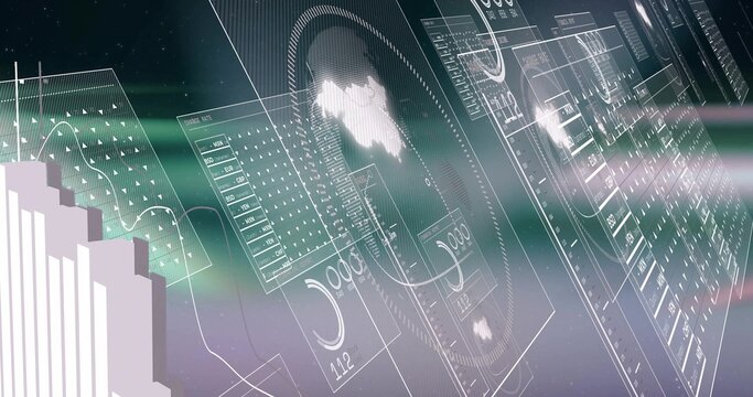 Holographic panels shifting in digital interface, with world map and lens flare effects