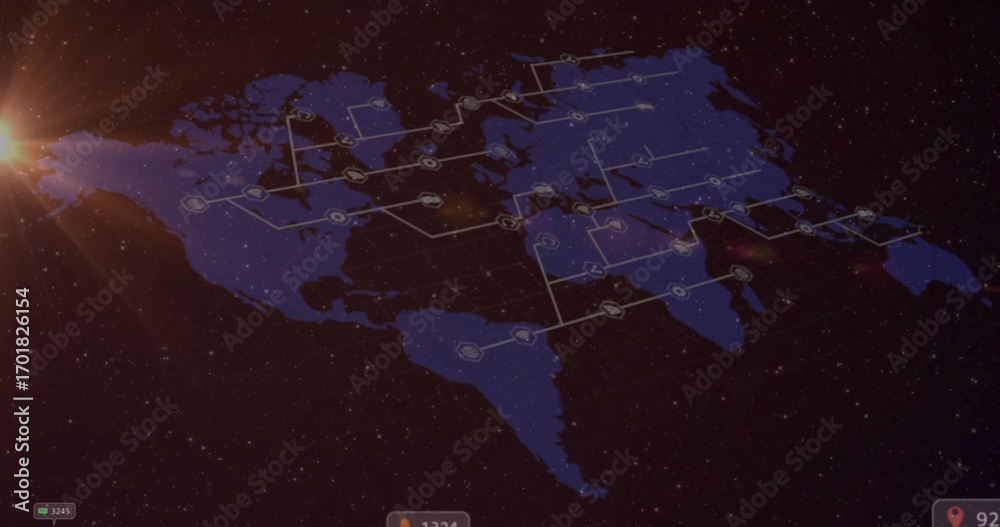 Wall mural floating world map graphic connecting circular nodes in starfield, with lens flare and ui counters