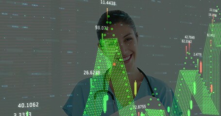 Smiling healthcare professional analyzing digital financial charts at clinic, with stethoscope