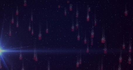 Binary code streams cascading in space, with blue lens flare, starfield and light streak