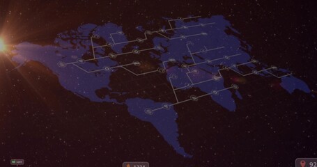 Floating world map graphic connecting circular nodes in starfield, with lens flare and UI counters