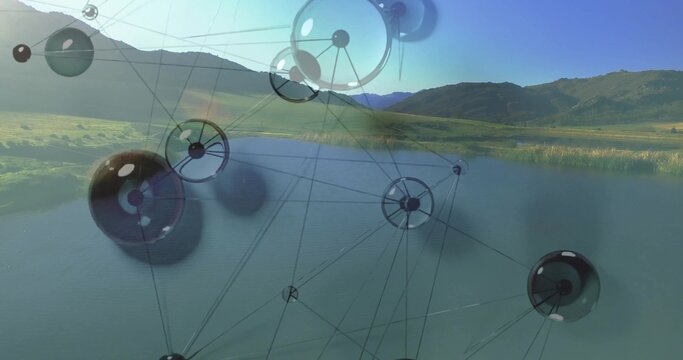 Floating translucent spheres forming data-network structure over calm lake valley with green hills - Powered by Adobe