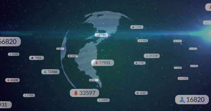 Naklejki Rotating digital 3D Earth globe hovering in dark data space, with floating numeric tags, lens-flare