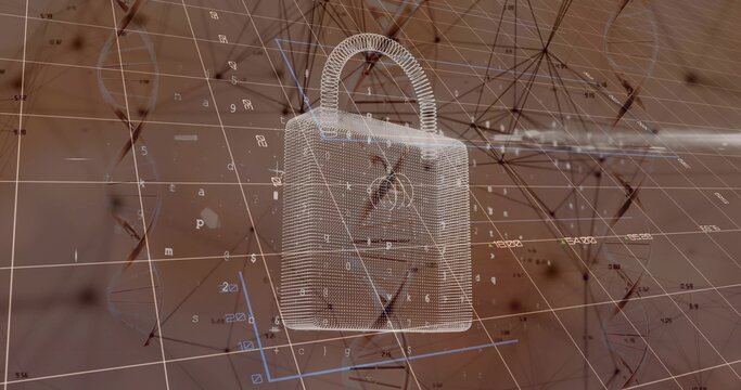 Floating wireframe padlock hovering in 3D grid, with alphanumeric characters, nodes and DNA helix