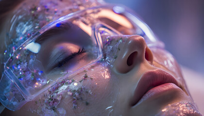 A futuristic spa offers treatments using holographic masks derived from enchanted herbs, blending health food benefits with advanced skincare