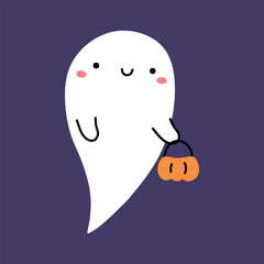Cute and funny ghost isolated on a purple background. Vector hand-drawn illustration in flat style. Kawaii character. Perfect for cards, decorations, logo and Halloween designs.