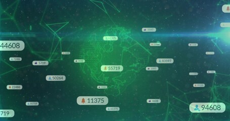 Rotating transparent globe in data interface, with network graph and numeric labels bearing icons